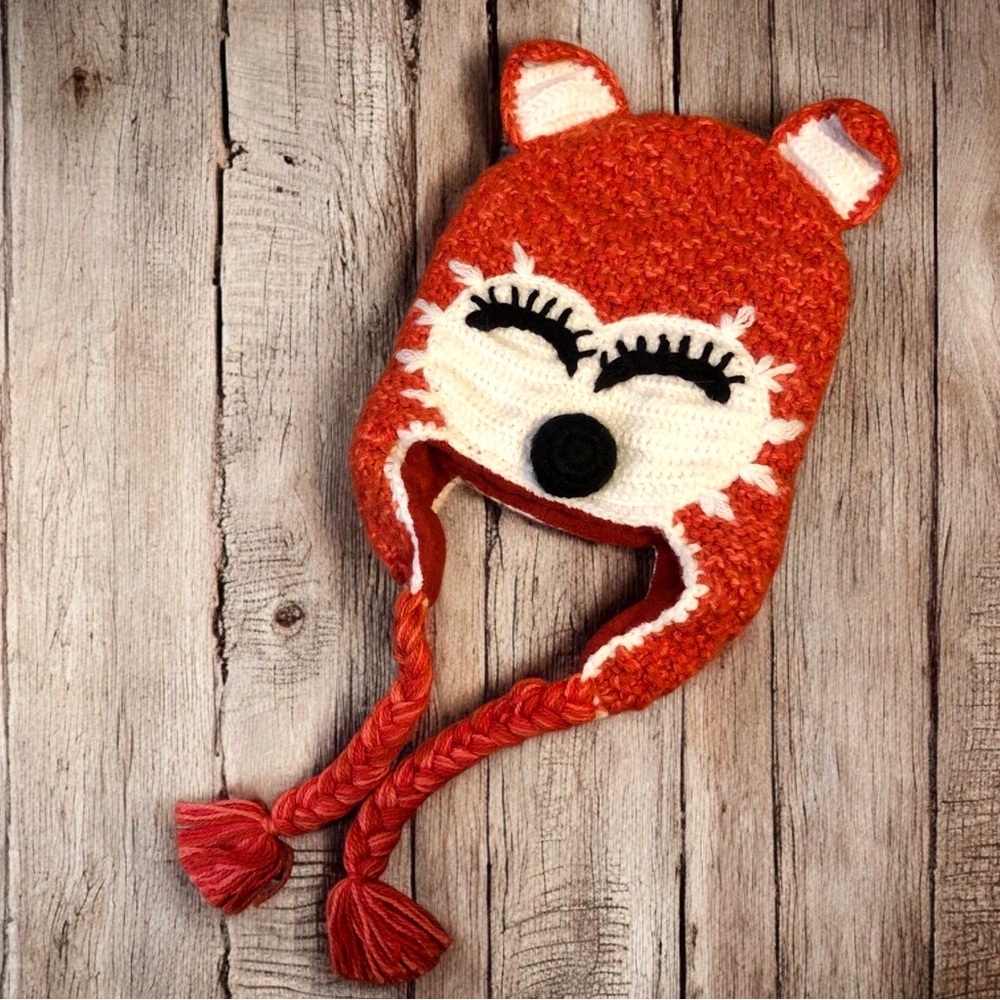 Andes Fair Trade Knit Beanie Hat Red Fox Tassels Alpaca Blend Peru Kids Adult S